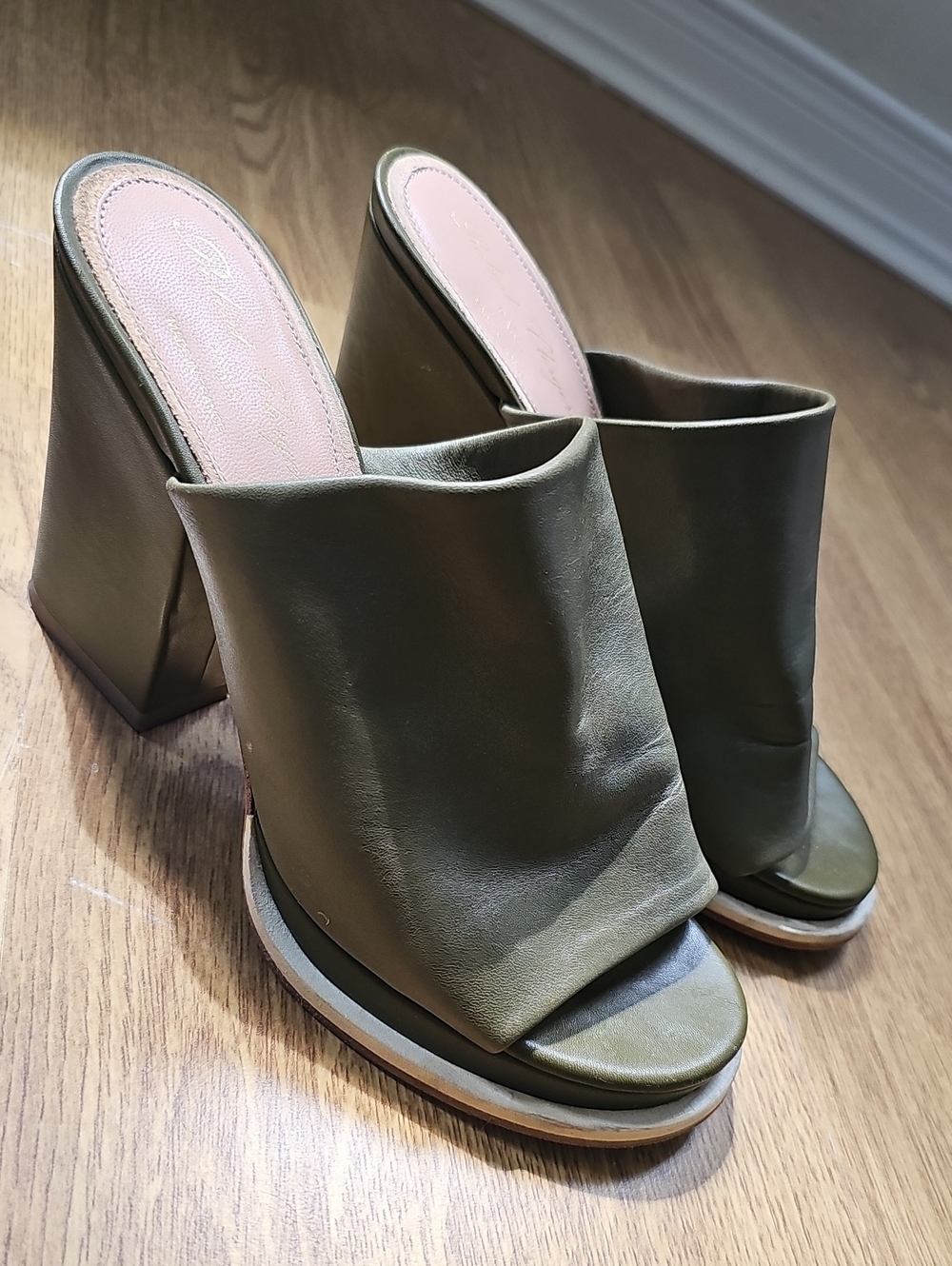 Olive Green Slip-On Peep-Toe Wedge Mules